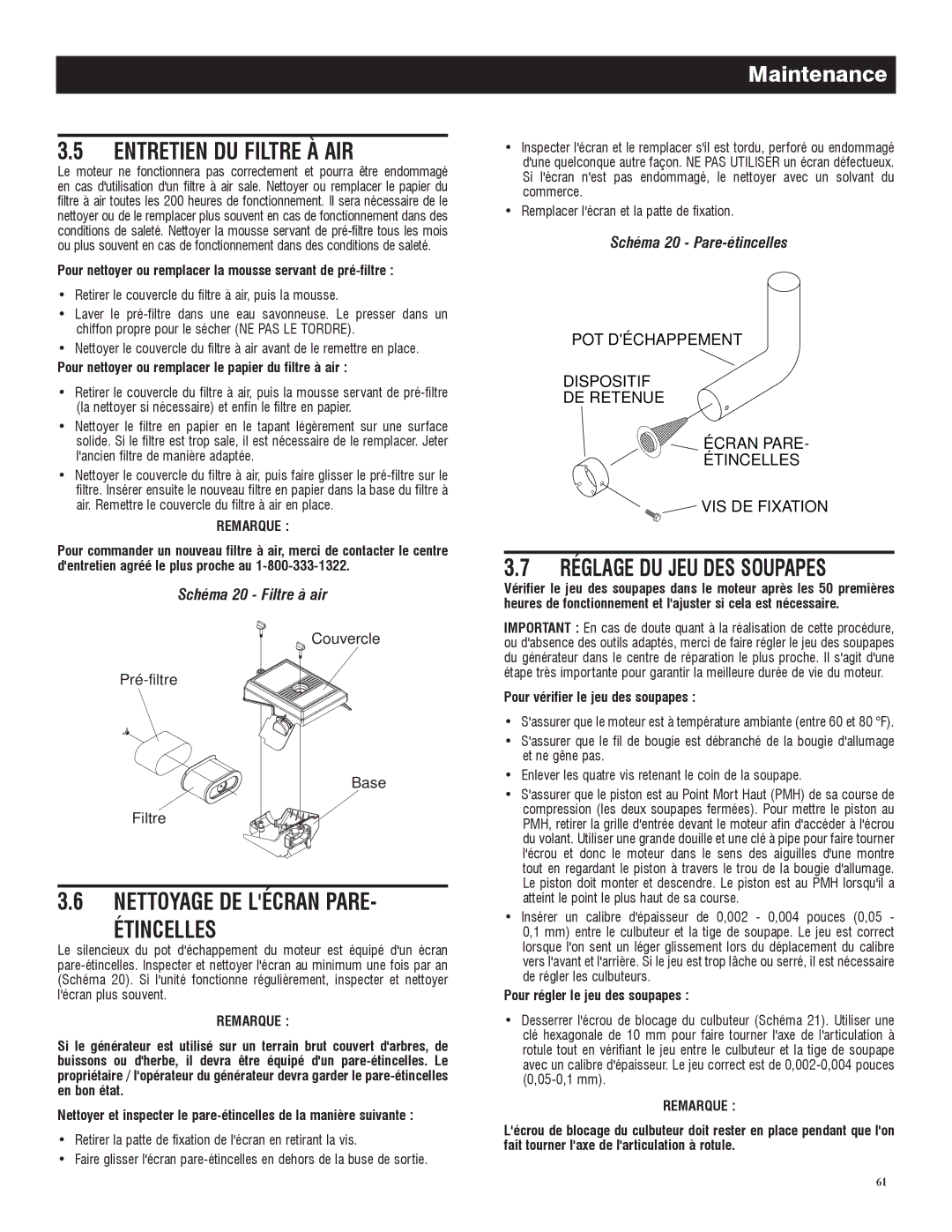 Generac 005735-0, 005734-0 Entretien DU Filtre À AIR, Nettoyage DE Lécran Pare Étincelles, Réglage DU JEU DES Soupapes 