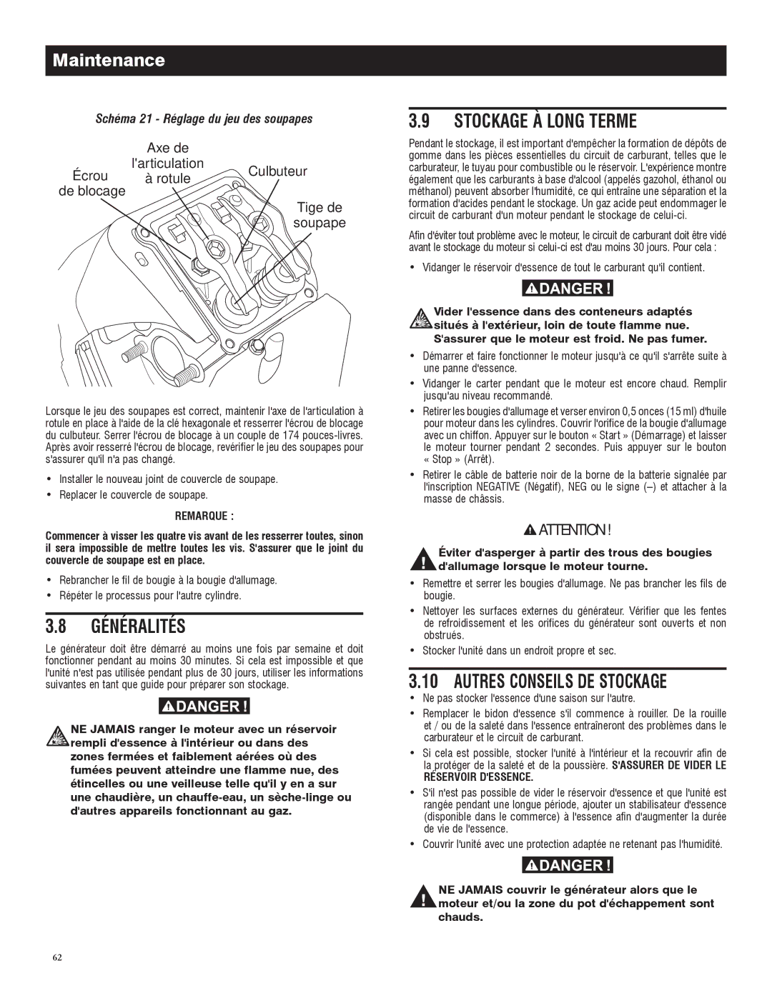 Generac 005734-0, 005735-0 owner manual Généralités, Stockage À Long Terme, Autres Conseils DE Stockage, Réservoir Dessence 