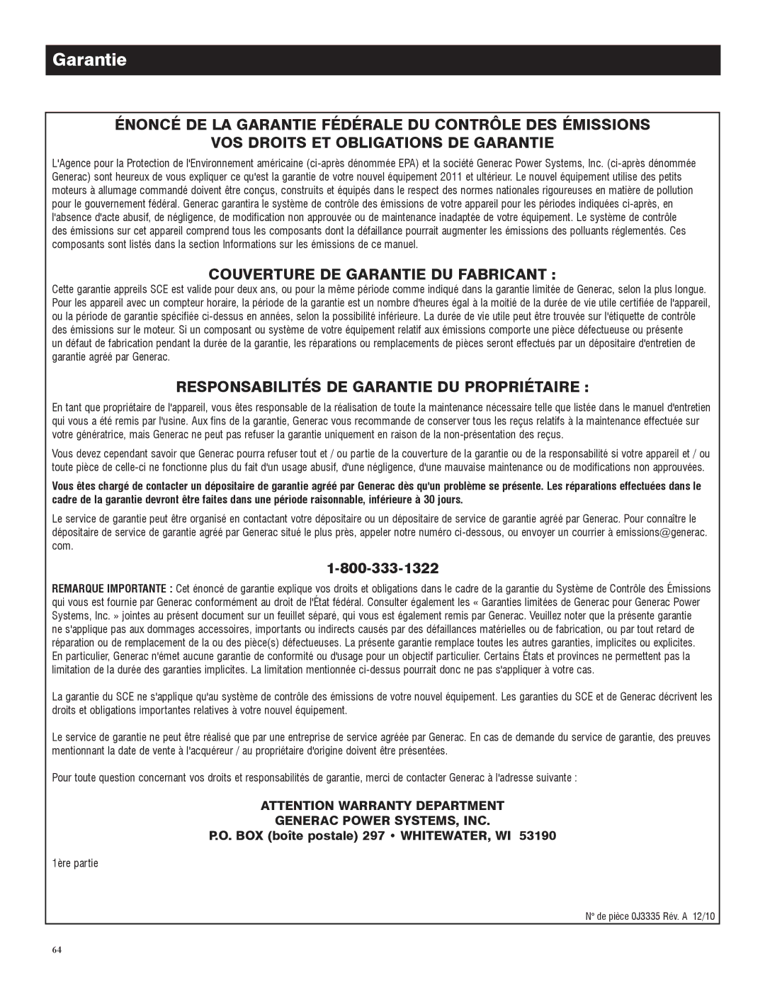 Generac 005734-0 Couverture DE Garantie DU Fabricant, Responsabilités DE Garantie DU Propriétaire, 1ère partie 