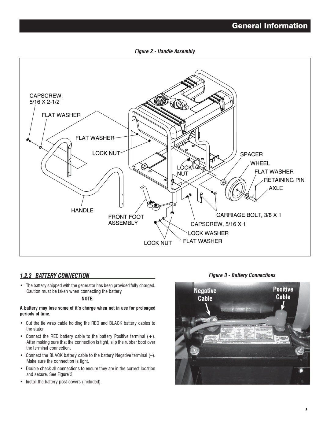 Generac 005735-0, 005734-0 owner manual Battery Connection, Handle Assembly 