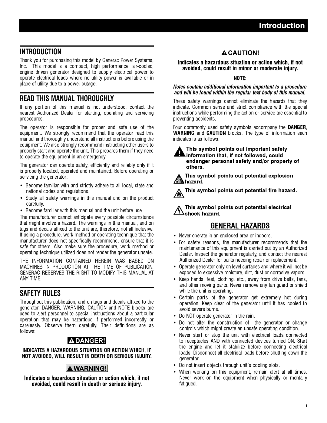 Generac 005796-0 (XG6500), 005800-0 (XG8000) Introduction, Indicates a hazardous situation or action which, if not 