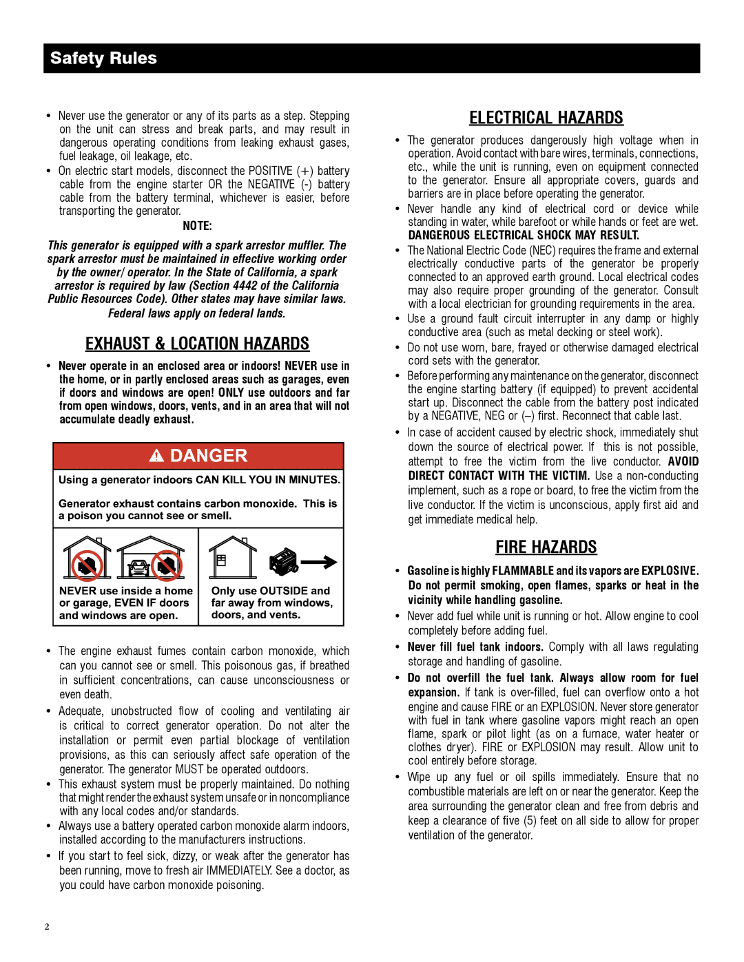 Generac 005747-0 (XG8000E), 005800-0 (XG8000), 005797-0 (XG7000), 005796-0 (XG6500) Safety Rules, Exhaust & Location Hazards 