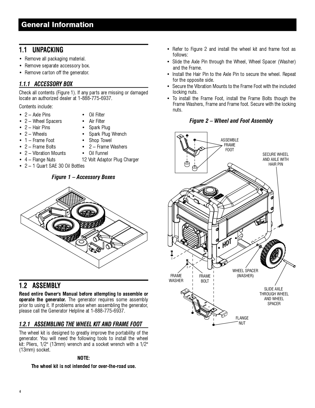 Generac 005797-0 (XG7000), 005800-0 (XG8000), 005798-0 (XG7000E) General Information, • 2 1 Quart SAE 30 Oil Bottles 