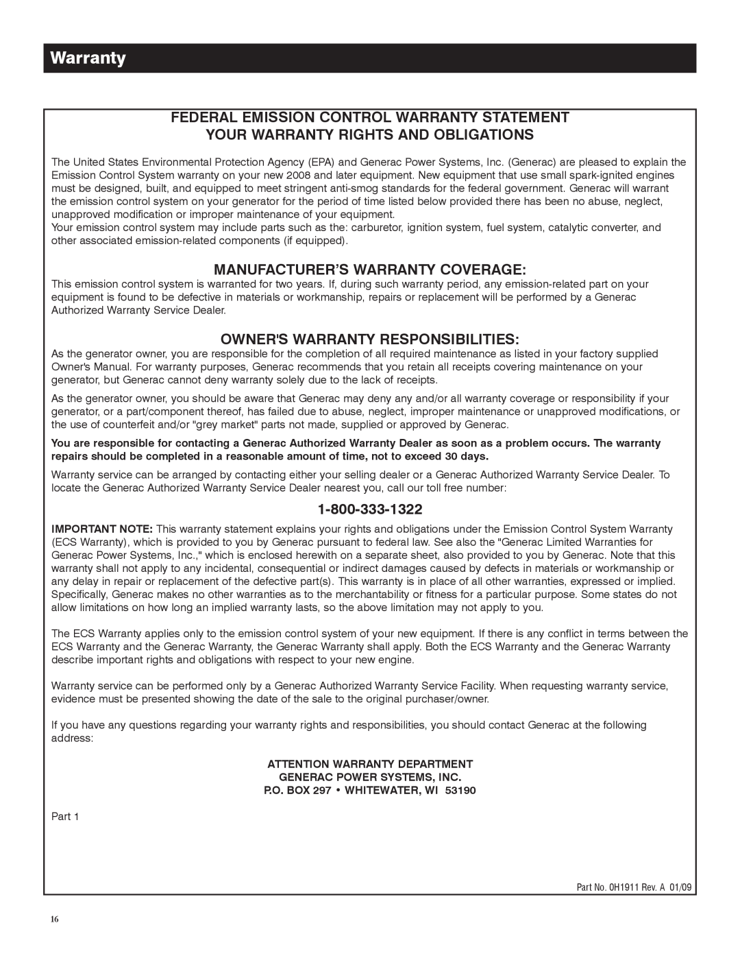 Generac 005982-0, 5982R owner manual Federal Emission Control Warranty Statement, Your Warranty Rights And Obligations 
