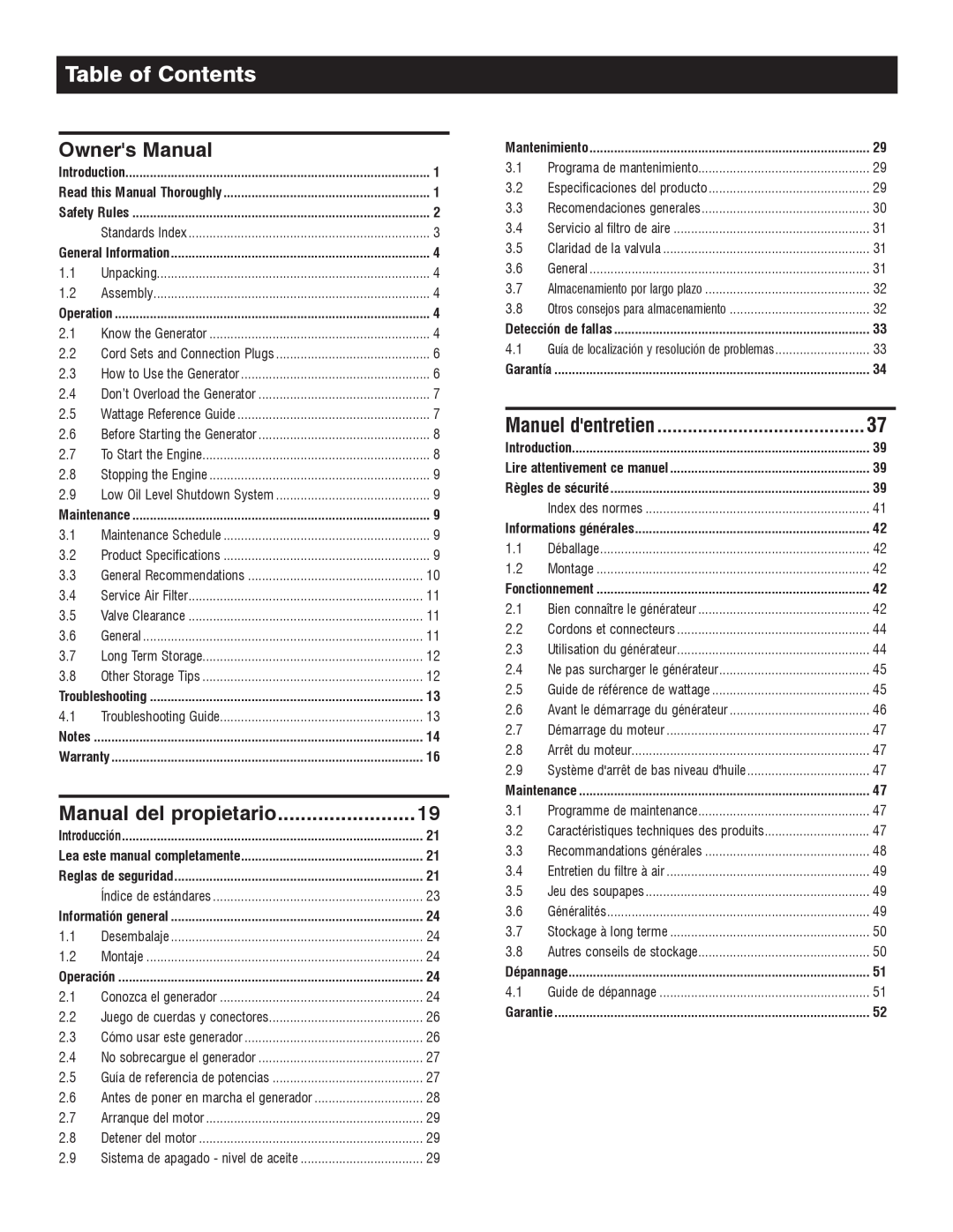 Generac 005982-0, 5982R owner manual Table of Contents, Manuel dentretien, Manual del propietario 