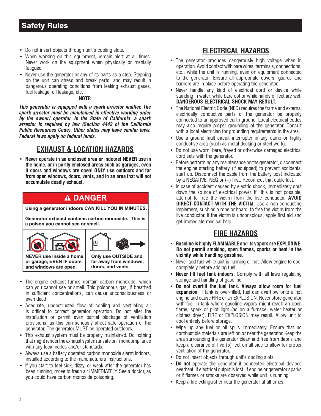 Generac 005982-0, 5982R owner manual Safety Rules, Exhaust & Location Hazards, Electrical Hazards, Fire Hazards 