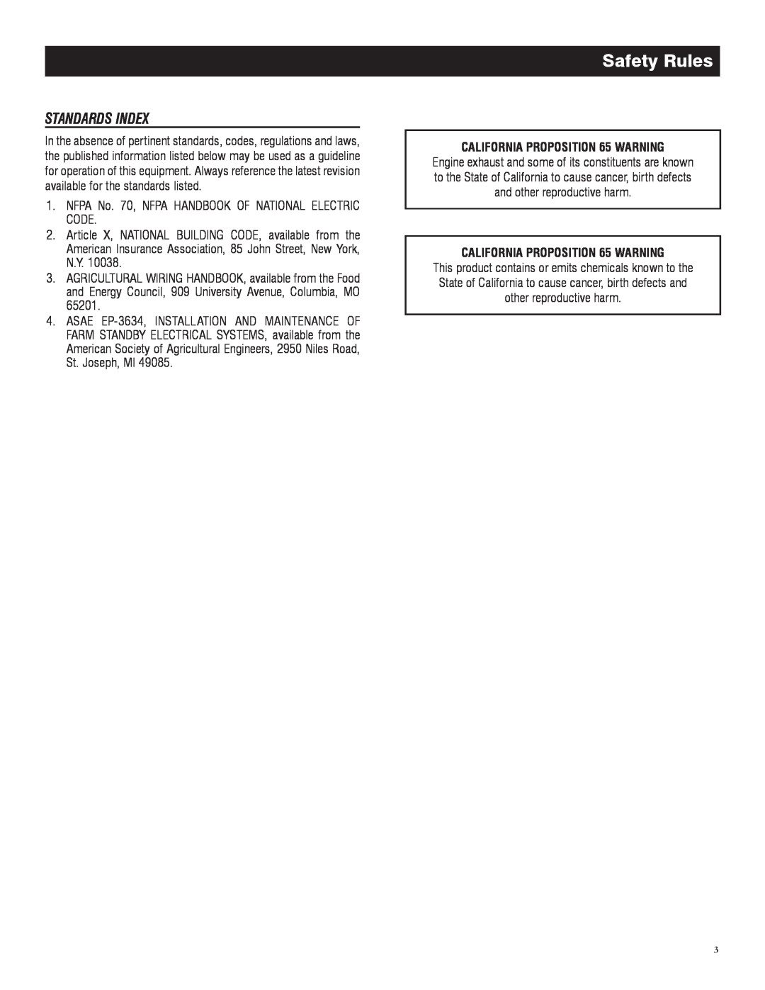 Generac 5982R, 005982-0 owner manual Standards Index, Safety Rules, CALIFORNIA PROPOSITION 65 WARNING 