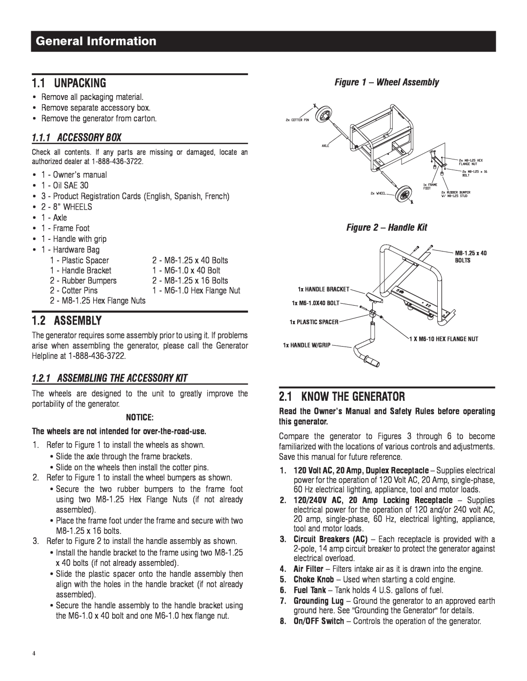Generac 005982-0 General Information, Unpacking, Assembly, Know The Generator, Accessory Box, Assembling The Accessory Kit 