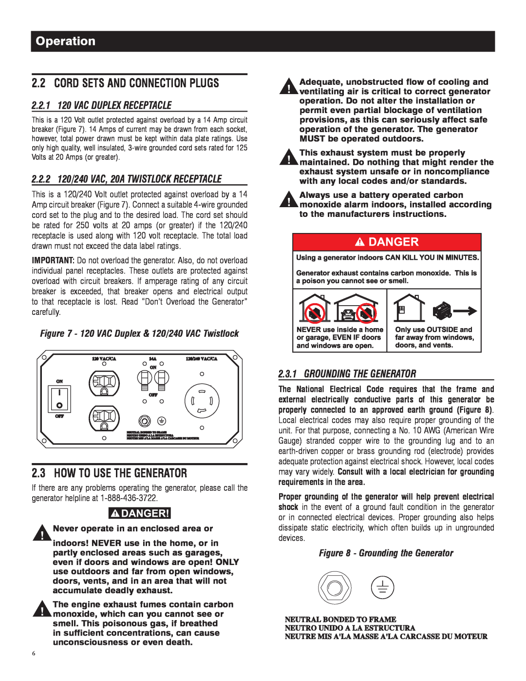 Generac 005982-0 How To Use The Generator, Cord Sets And Connection Plugs, 2.2.1 120 VAC DUPLEX RECEPTACLE, Operation 