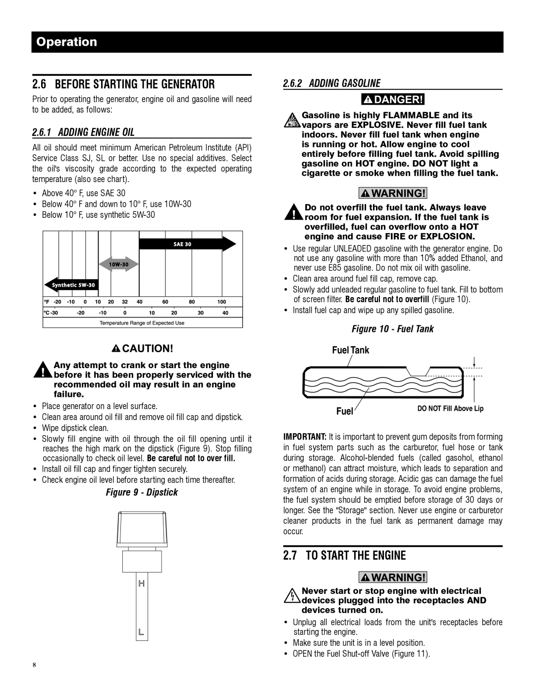 Generac 005982-0 To Start the Engine, Adding Engine OIL, Adding Gasoline, Clean area around fuel fill cap, remove cap 