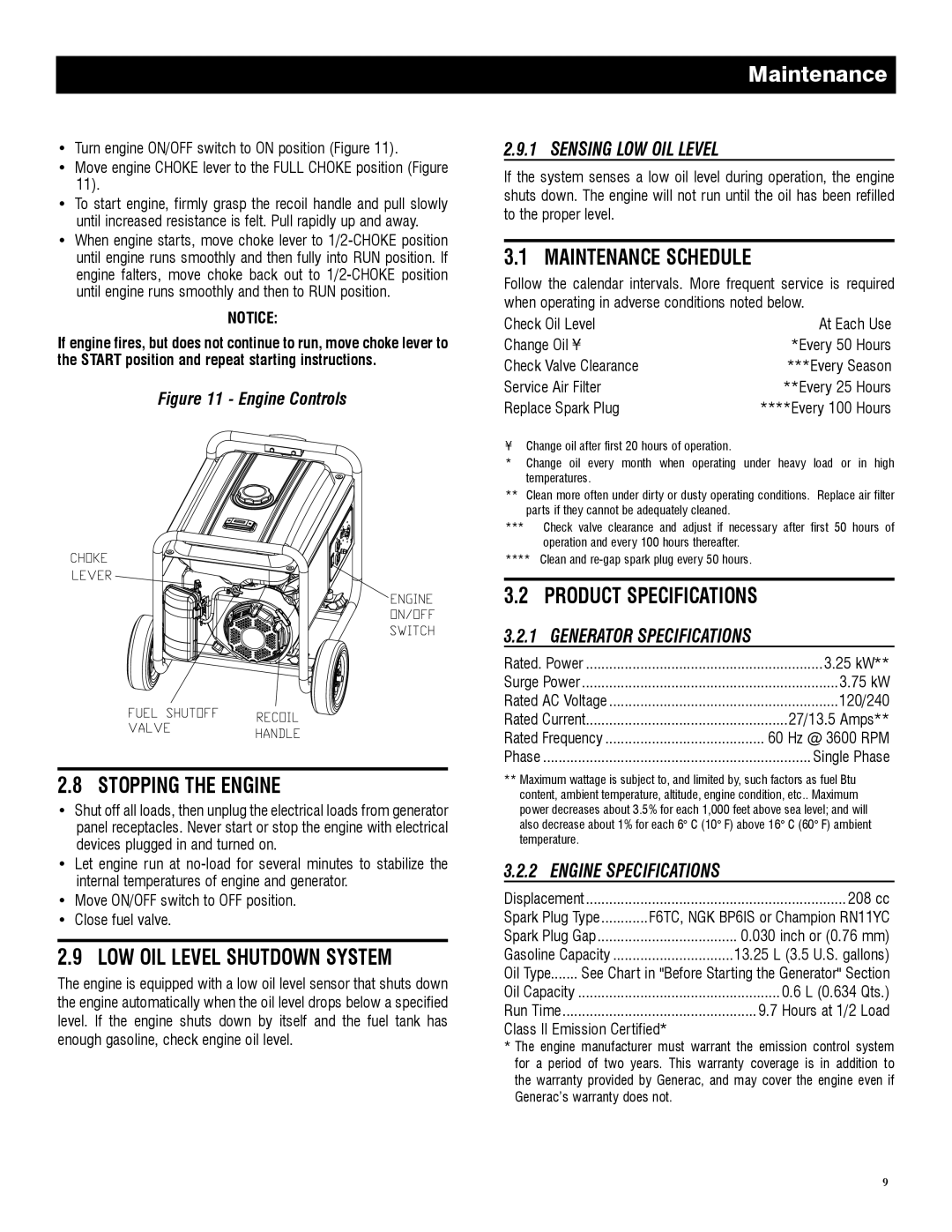 Generac 5982R, 005982-0 owner manual Stopping the Engine, Maintenance Schedule, Product Specifications 