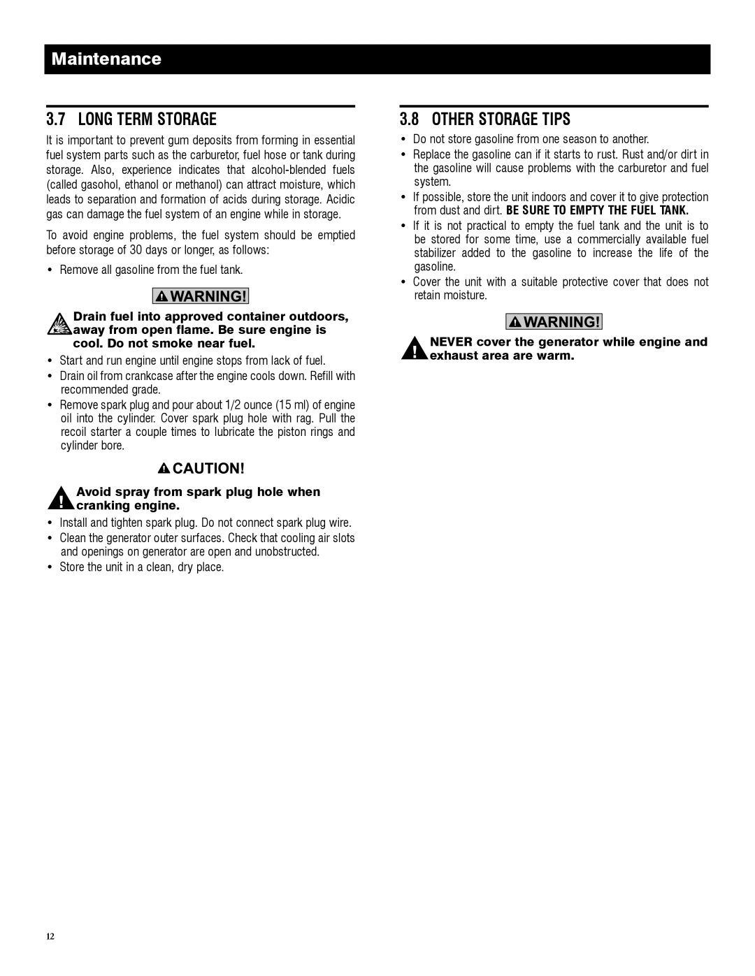 Generac 005982-0, 5982R owner manual Long Term Storage, Other Storage Tips, Store the unit in a clean, dry place 