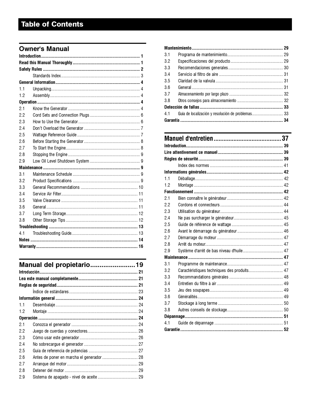 Generac 005982-0, 5982R owner manual Table of Contents 