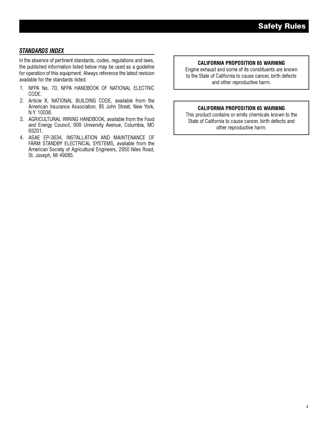 Generac 5982R, 005982-0 owner manual Standards Index, California Proposition 65 Warning 