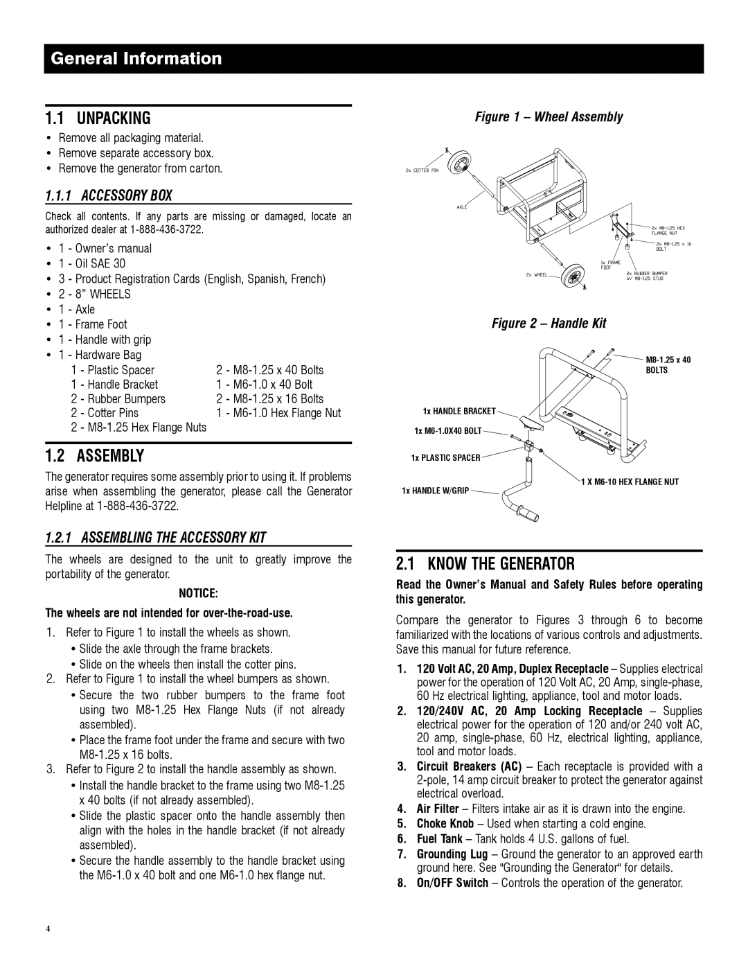 Generac 005982-0, 5982R owner manual General Information, Unpacking, Assembly, Know the Generator 