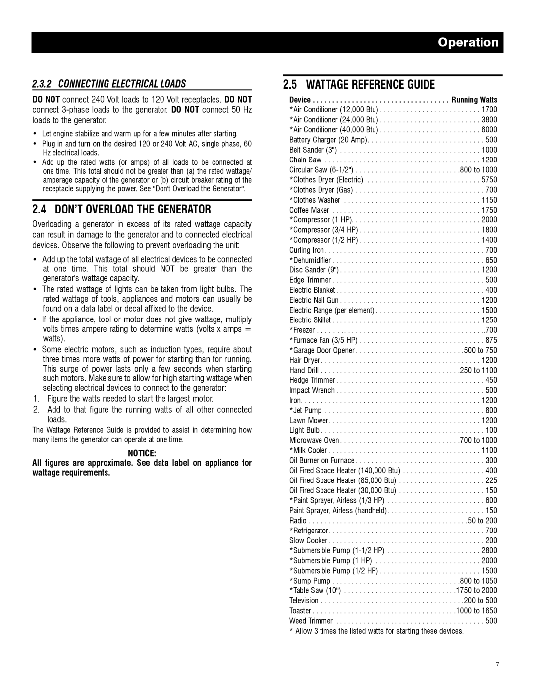 Generac 5982R, 005982-0 owner manual DON’T Overload the Generator, Wattage Reference Guide, Connecting Electrical Loads 