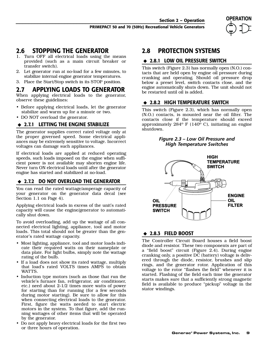 Generac 00784-2, 09290-4 Stopping The Generator, Protection Systems, Applying Loads To Generator, Low Oil Pressure Switch 