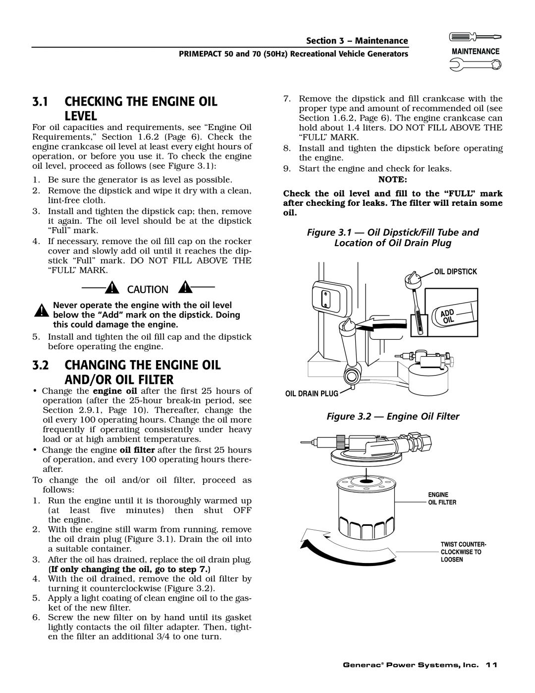 Generac 00784-2, 09290-4 Checking The Engine Oil Level, Changing The Engine Oil And/Or Oil Filter, 2 - Engine Oil Filter 