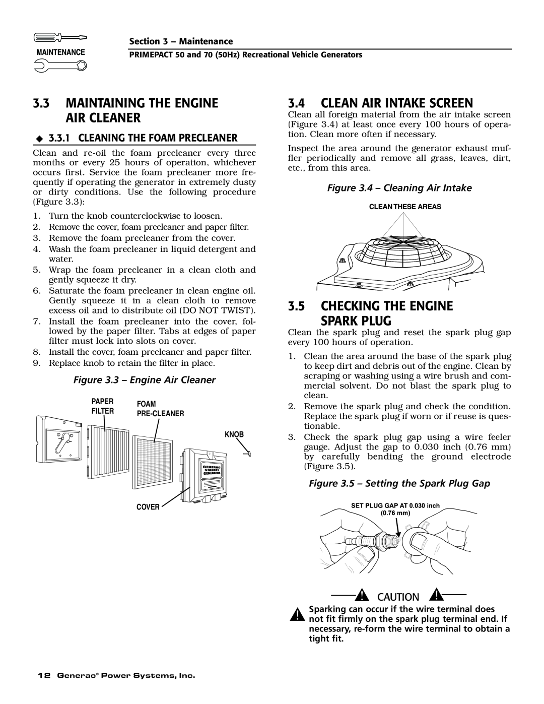 Generac 00784-2, 09290-4 Maintaining The Engine Air Cleaner, Clean Air Intake Screen, Checking The Engine Spark Plug 