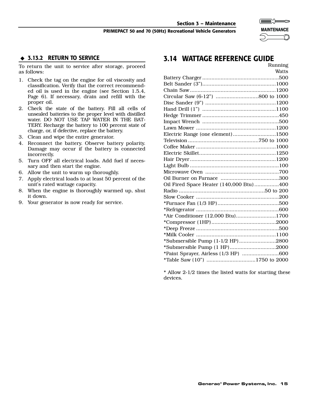 Generac 00784-2, 09290-4 owner manual Wattage Reference Guide, Return To Service 