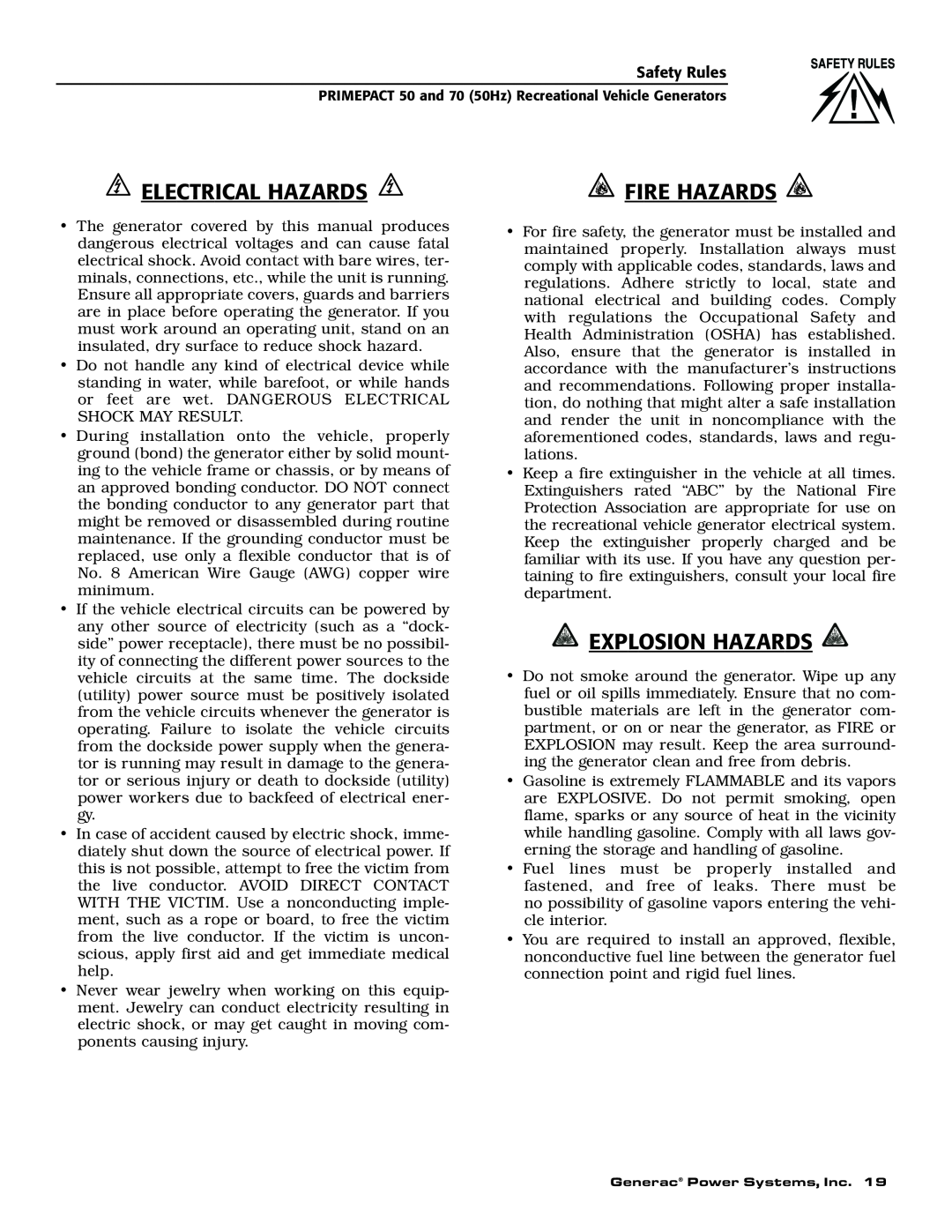 Generac 00784-2, 09290-4 owner manual Electrical Hazards, Explosion Hazards, Fire Hazards 