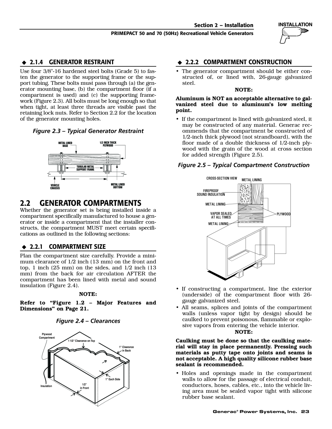 Generac 00784-2, 09290-4 Generator Compartments, Generator Restraint, Compartment Construction, Compartment Size 