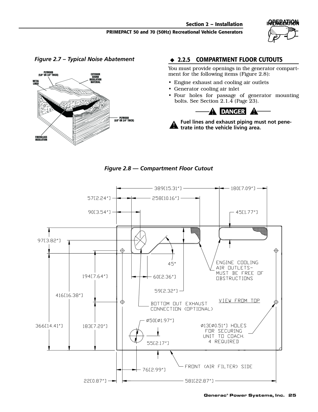 Generac 00784-2, 09290-4 owner manual Compartment Floor Cutouts, 7 - Typical Noise Abatement, 8 - Compartment Floor Cutout 