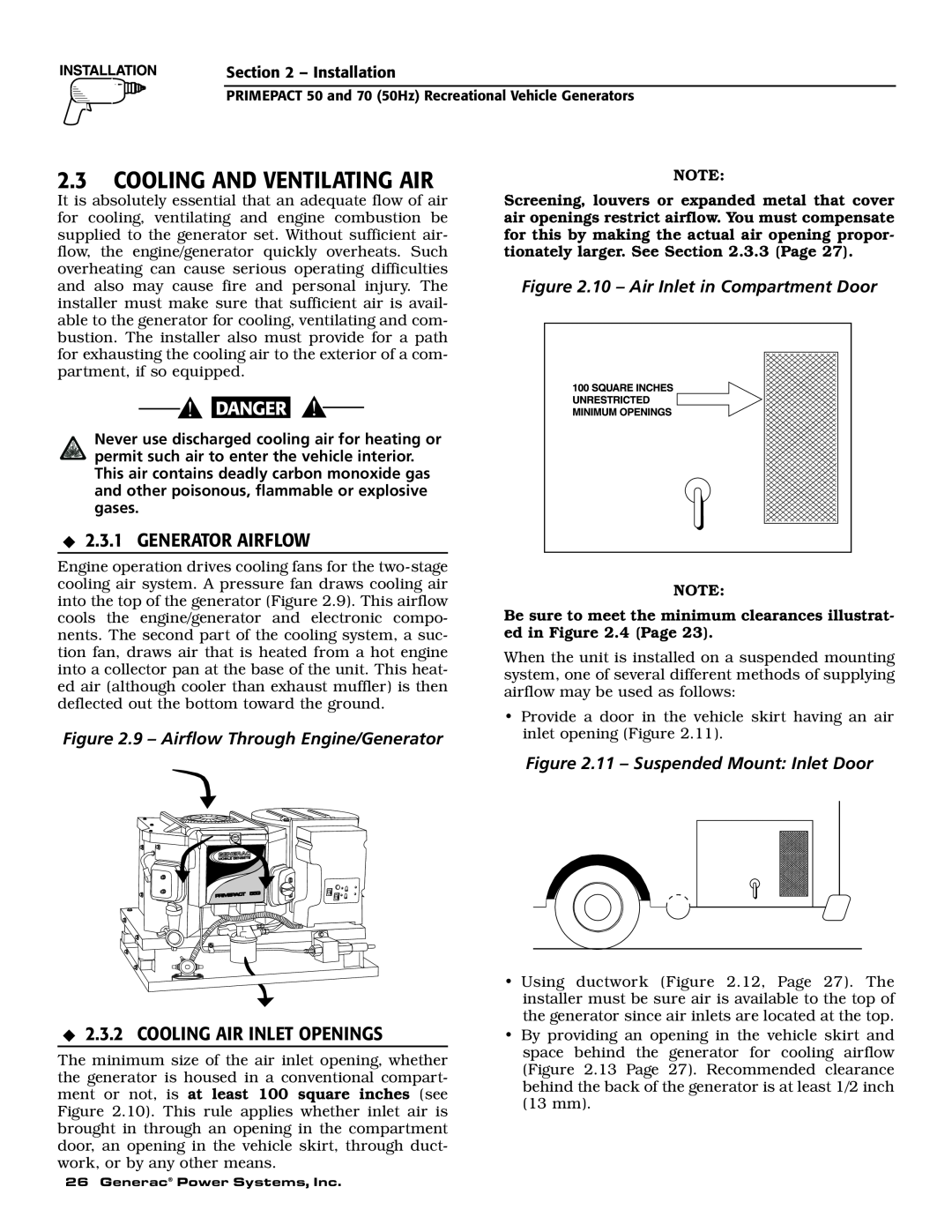 Generac 00784-2, 09290-4 owner manual Cooling And Ventilating Air, Generator Airflow, Cooling Air Inlet Openings 