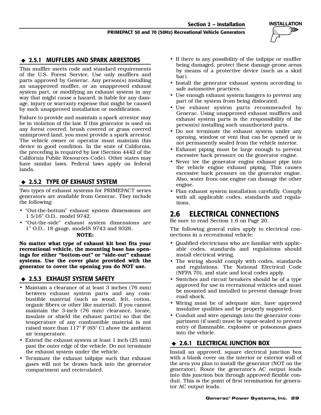 Generac 00784-2, 09290-4 owner manual Electrical Connections, Mufflers And Spark Arrestors, Type Of Exhaust System 