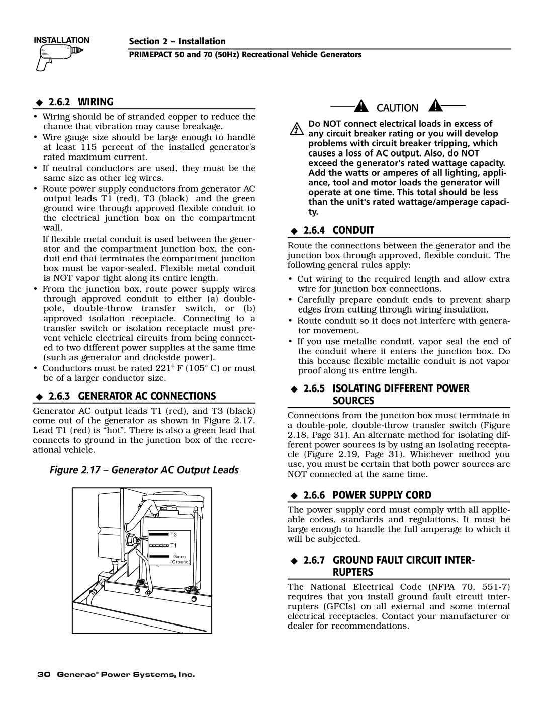 Generac 00784-2, 09290-4 Wiring, Generator Ac Connections, Conduit, Isolating Different Power Sources, Power Supply Cord 