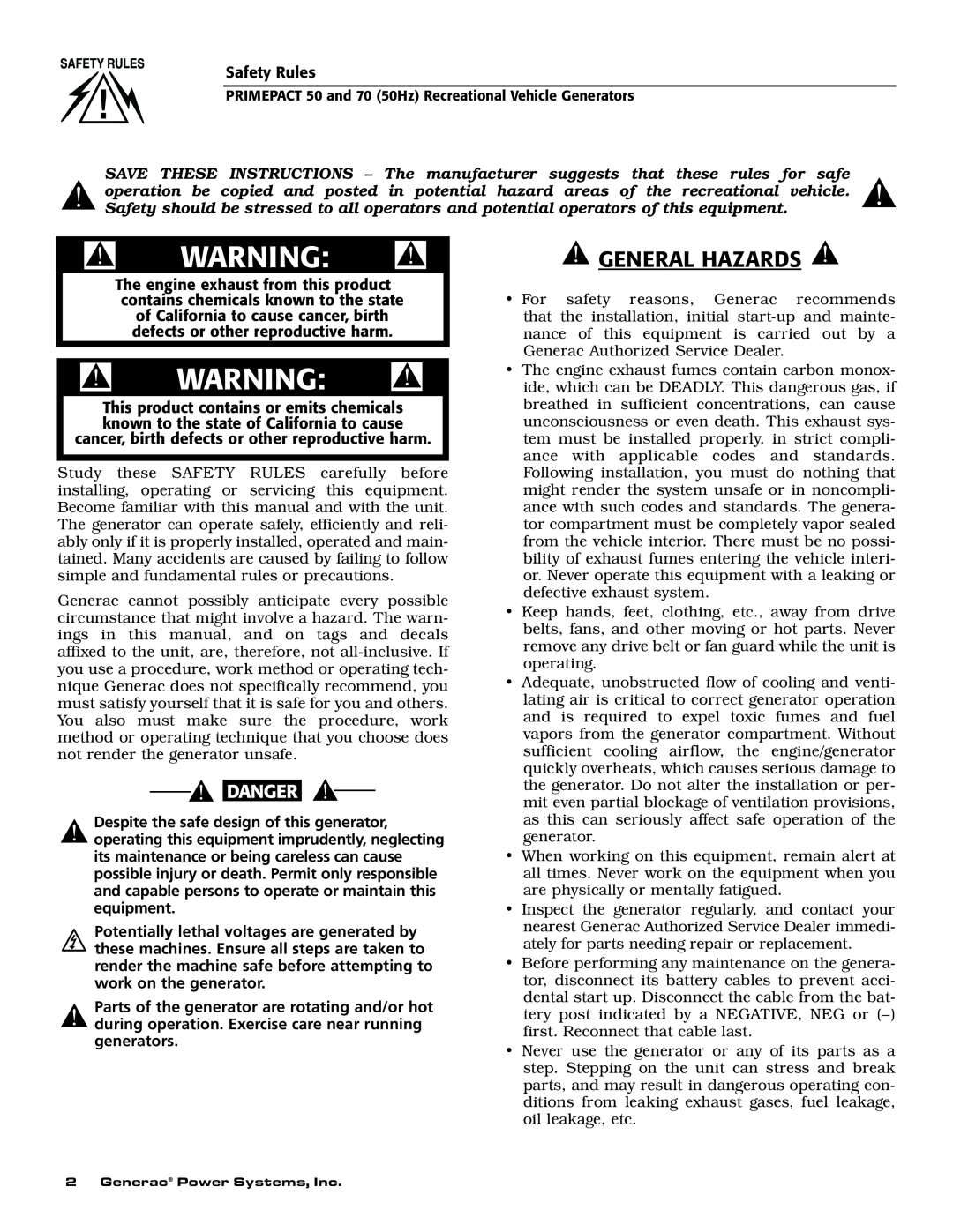 Generac 00784-2, 09290-4 owner manual General Hazards 