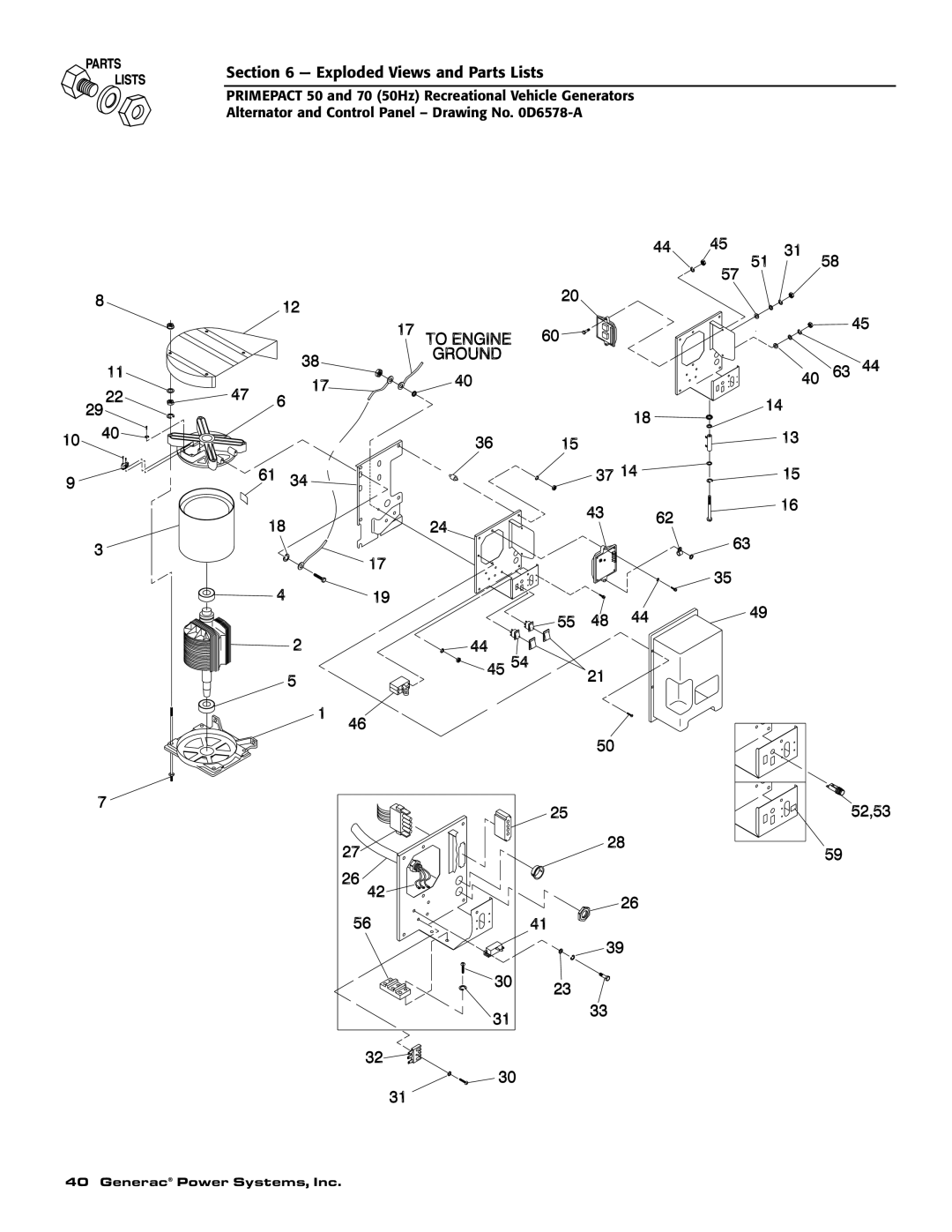 Generac 00784-2, 09290-4 owner manual Exploded Views and Parts Lists, Generac Power Systems, Inc 