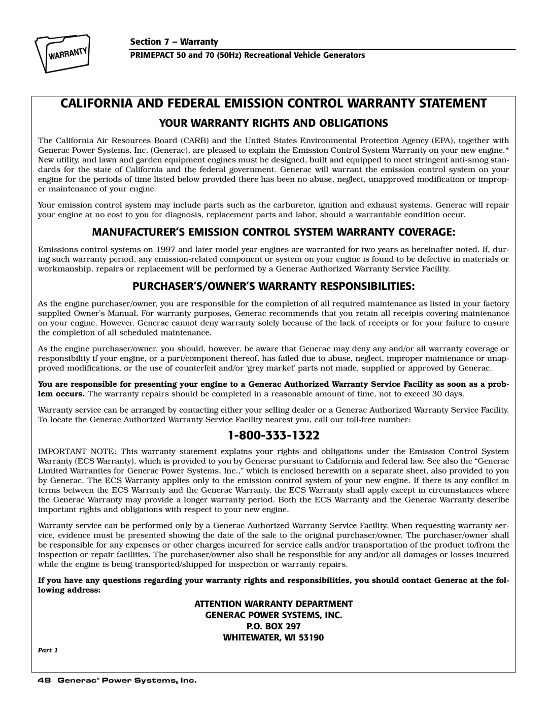 Generac 00784-2, 09290-4 California And Federal Emission Control Warranty Statement, Your Warranty Rights And Obligations 