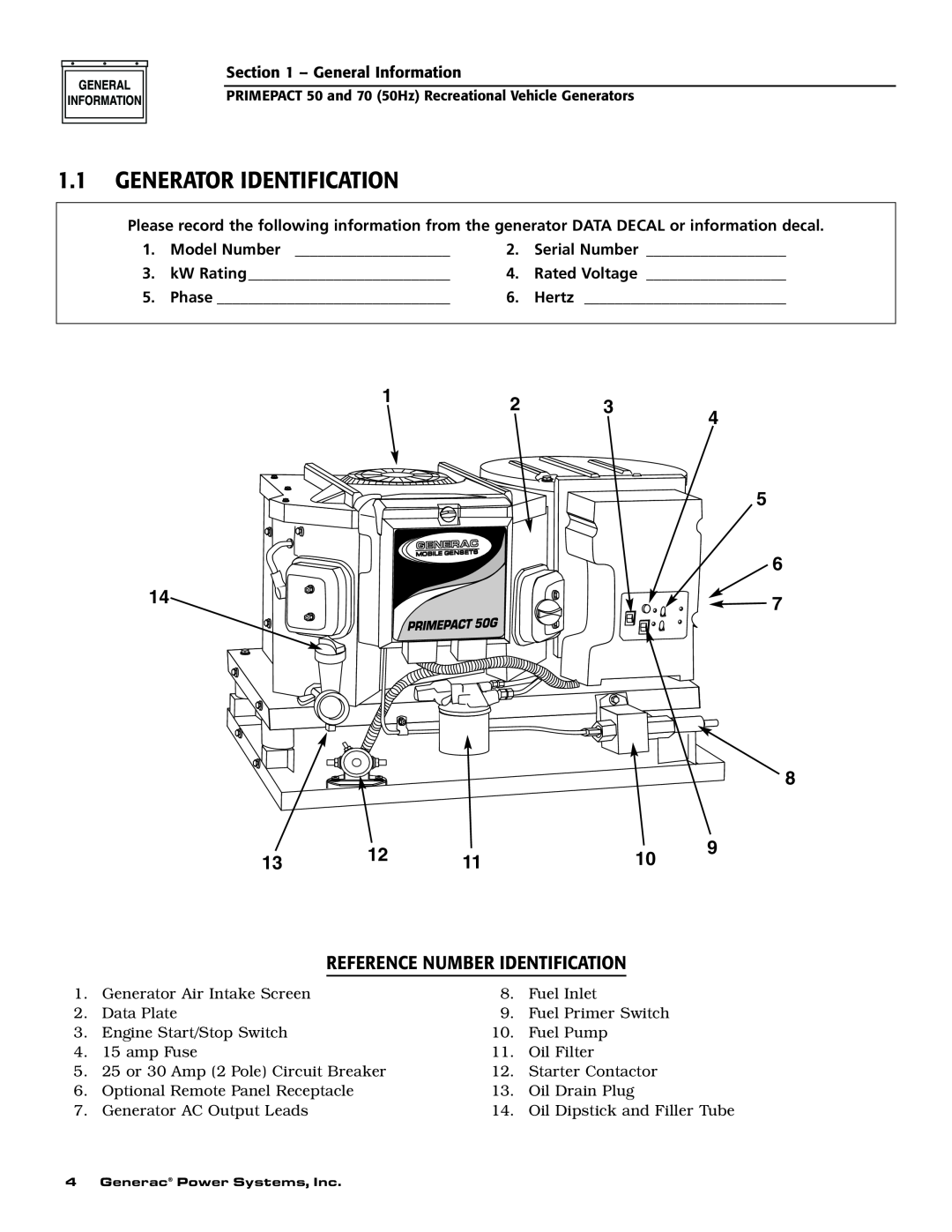 Generac 00784-2, 09290-4 owner manual Generator Identification, Reference Number Identification 