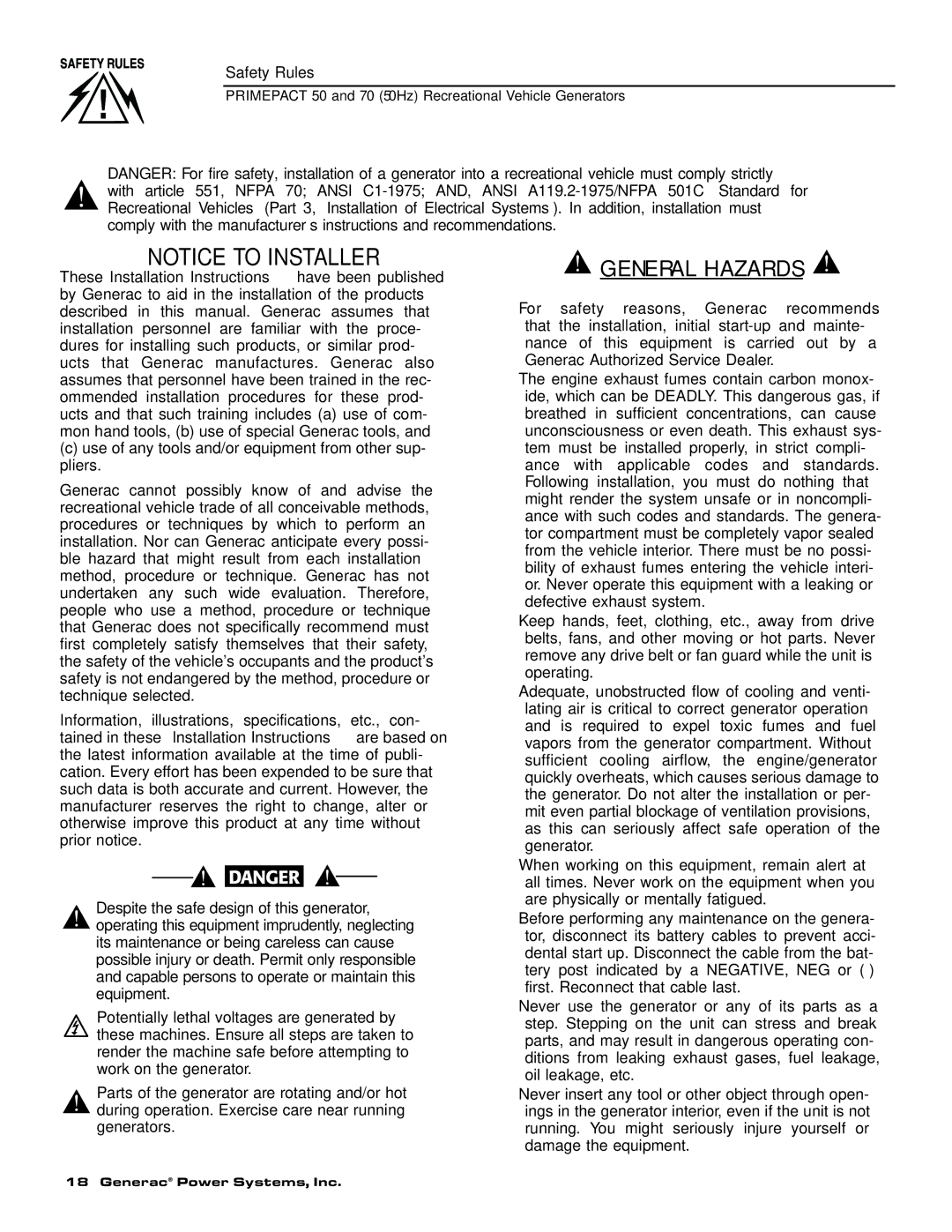 Generac 00784-2, 09290-4 owner manual General Hazards 