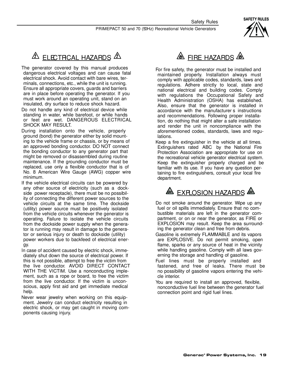 Generac 00784-2, 09290-4 owner manual Electrical Hazards 