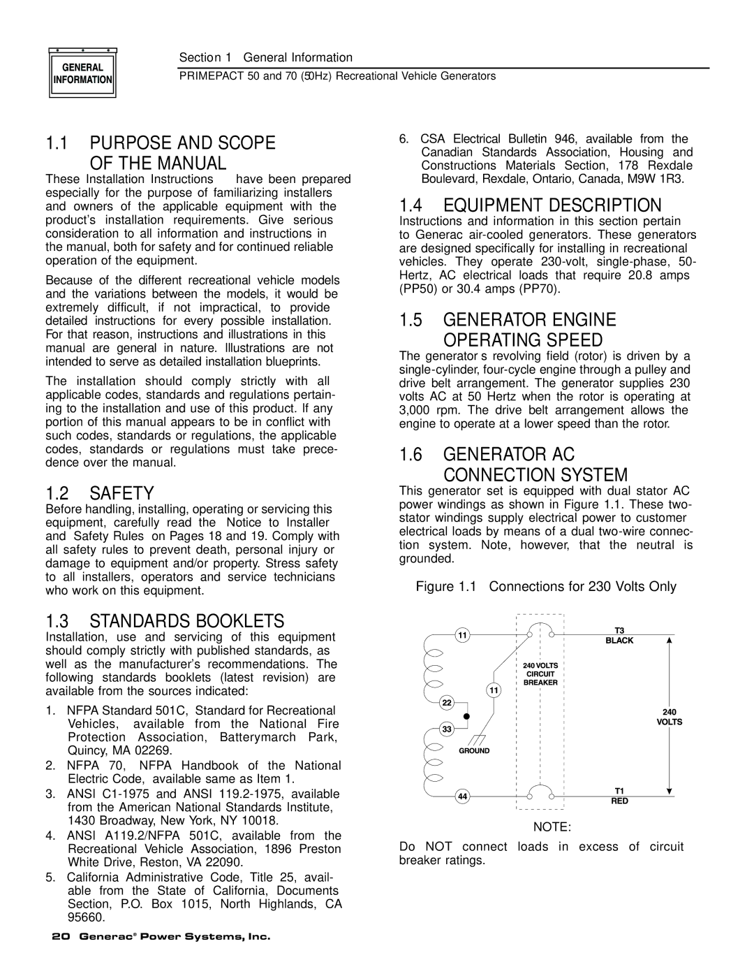 Generac 00784-2, 09290-4 owner manual Purpose and Scope Manual, Equipment Description, Generator Engine Operating Speed 