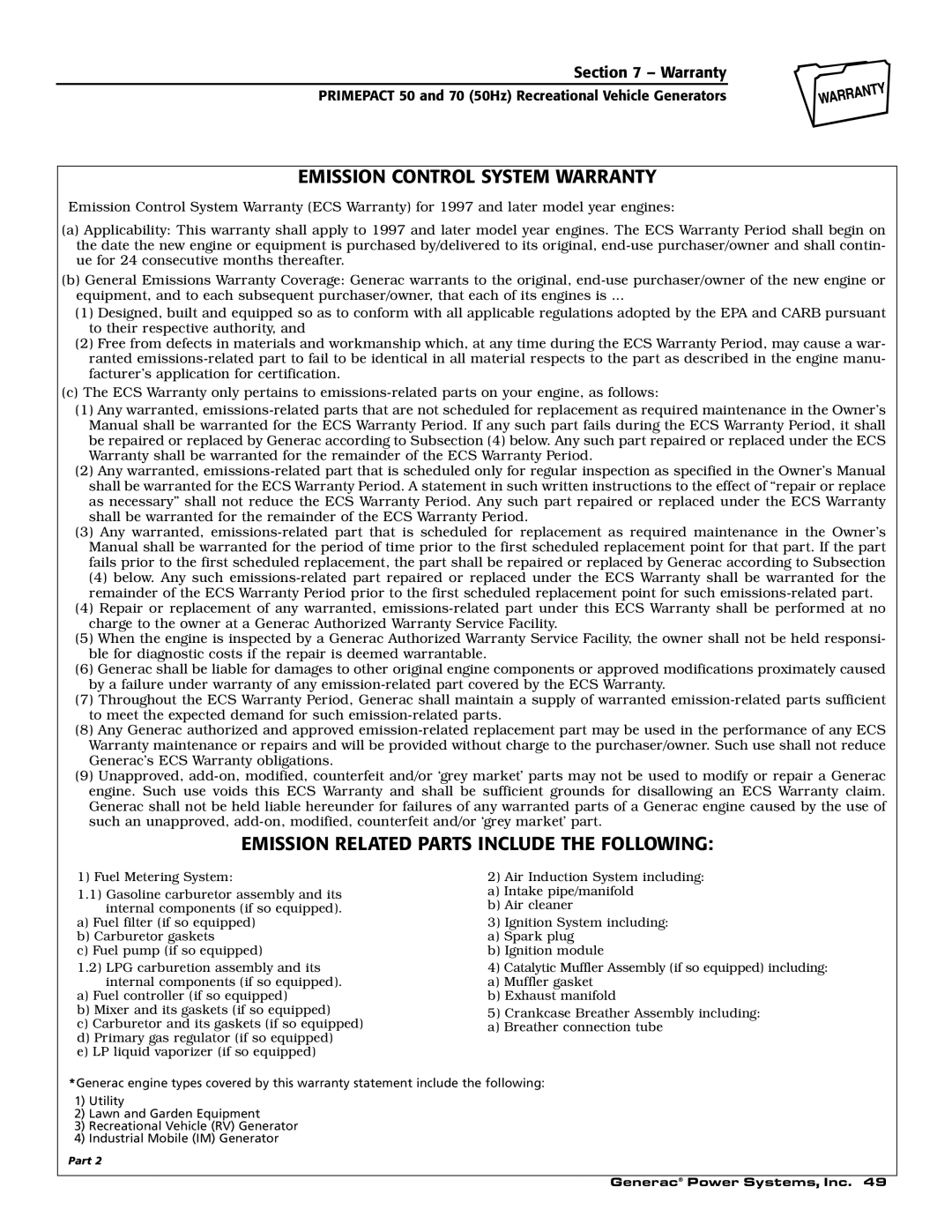 Generac 00784-2, 09290-4 owner manual Emission Control System Warranty, Emission Related Parts Include the Following 