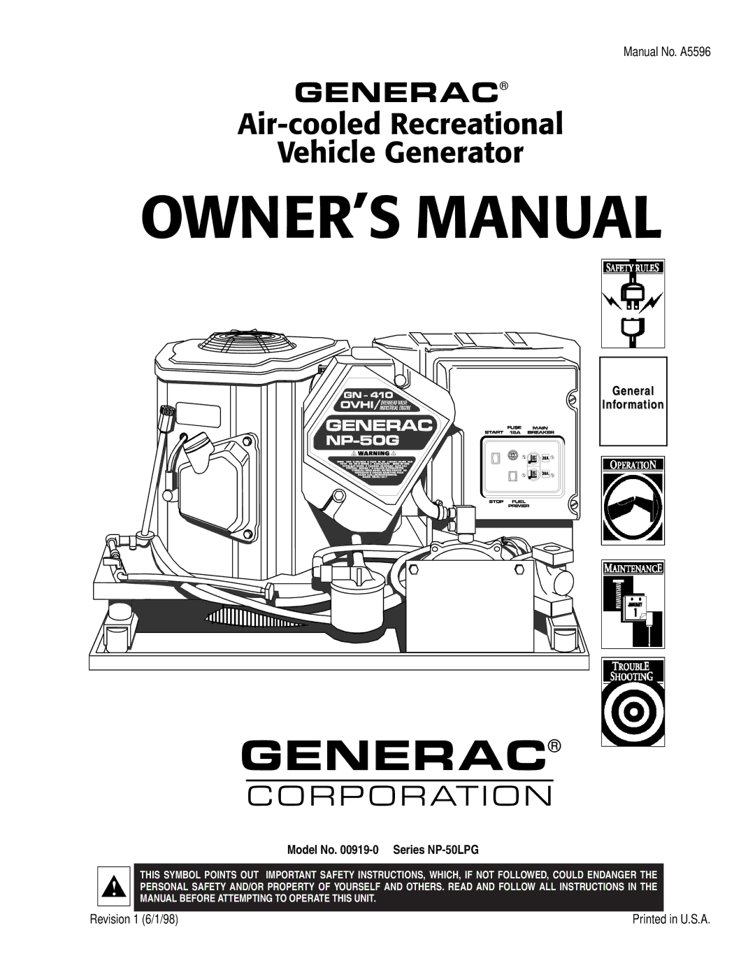 Generac NP-50LPG, 00919-0 owner manual Generac 