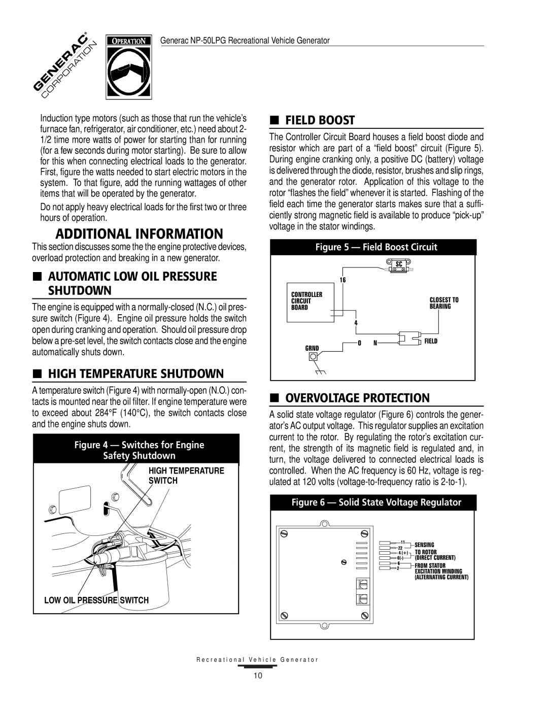 Generac 00919-0, NP-50LPG owner manual Field Boost, Automatic LOW OIL Pressure Shutdown, Overvoltage Protection 