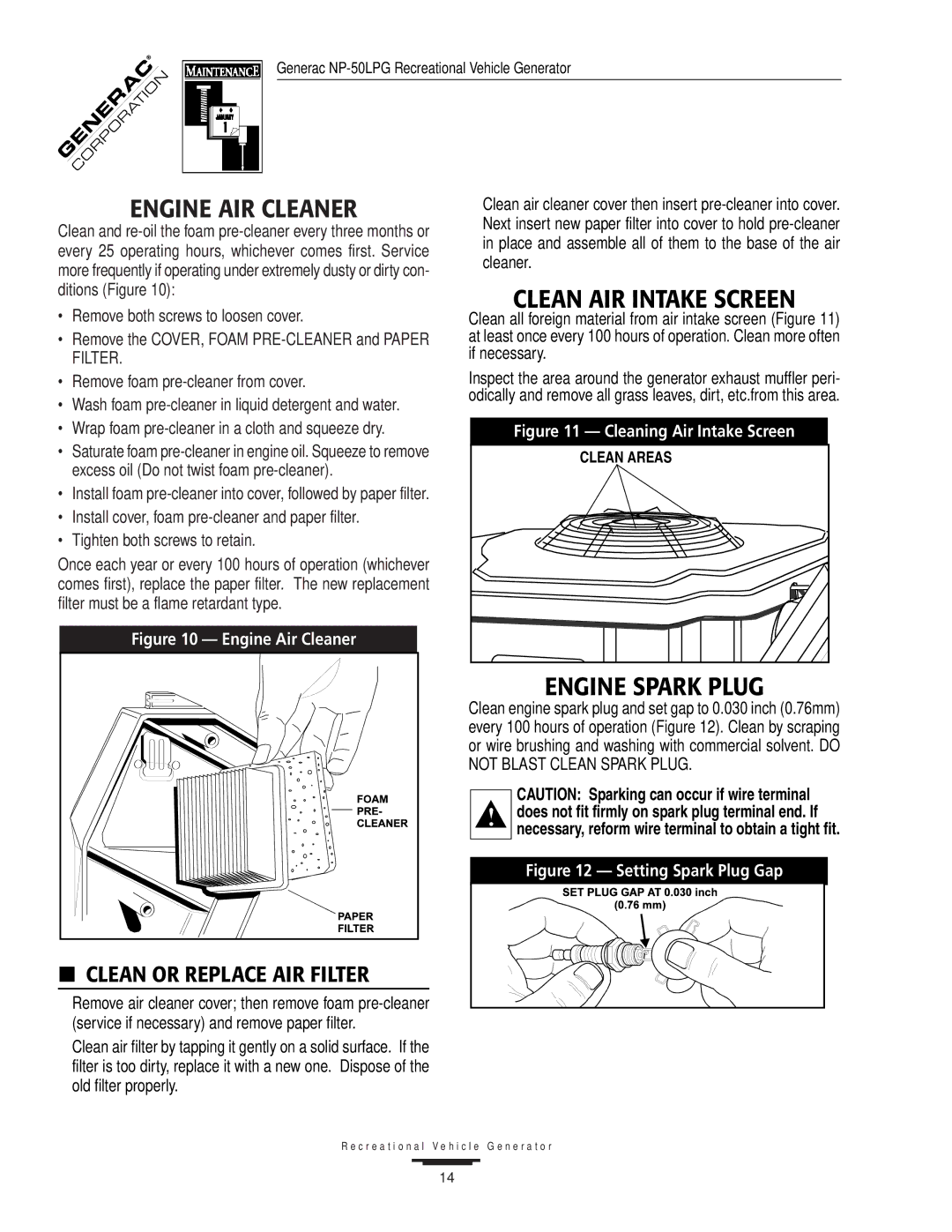 Generac 00919-0, NP-50LPG owner manual Engine AIR Cleaner, Clean or Replace AIR Filter 