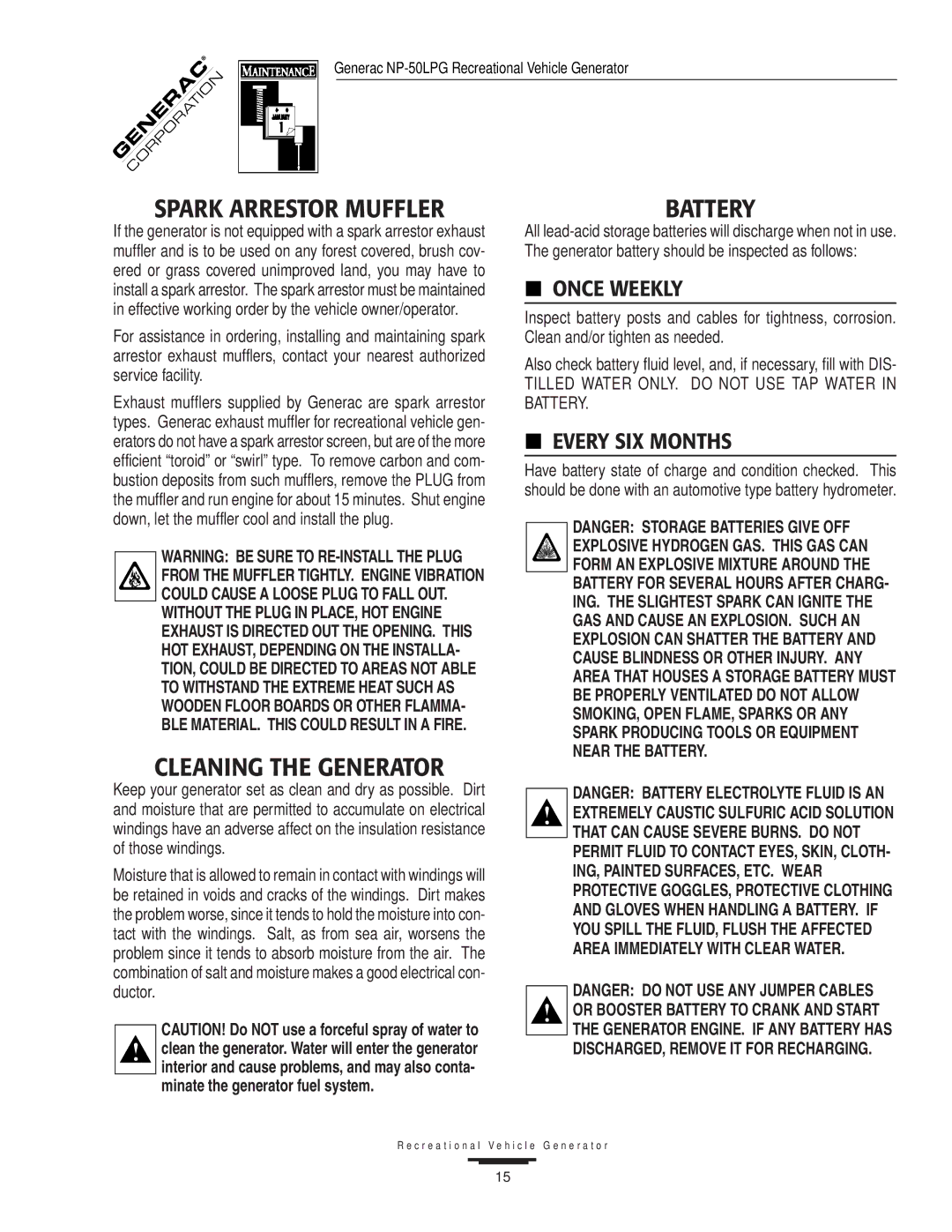 Generac NP-50LPG, 00919-0 owner manual Spark Arrestor Muffler, Cleaning the Generator, Battery 