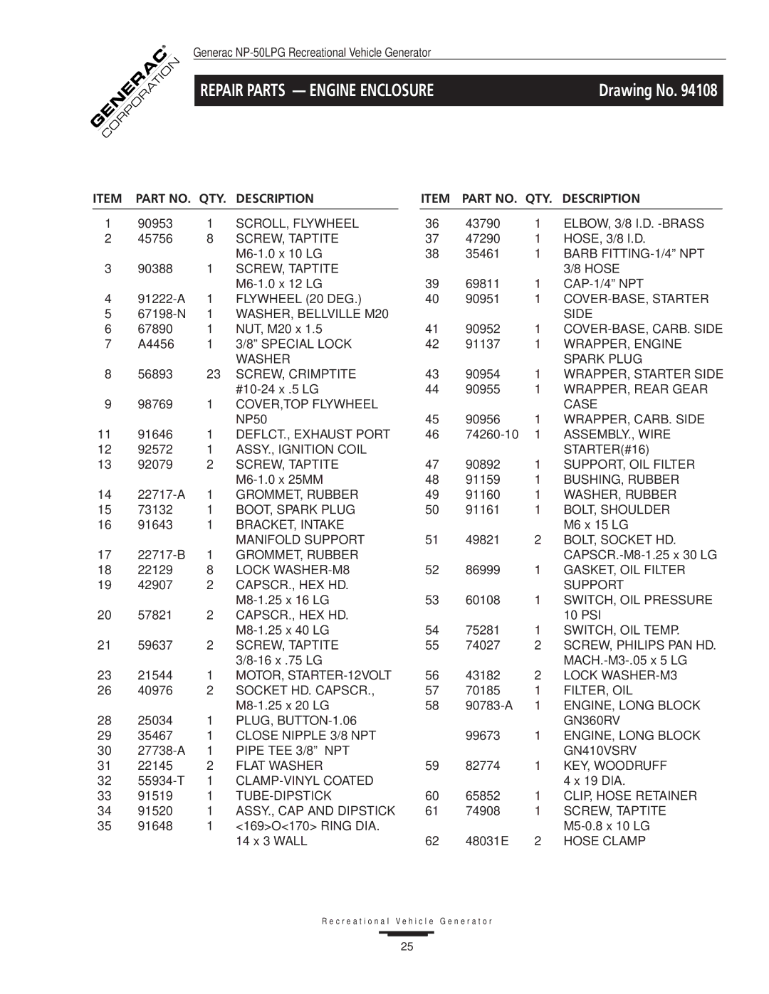 Generac NP-50LPG, 00919-0 owner manual Repair Parts Engine Enclosure, QTY Description 