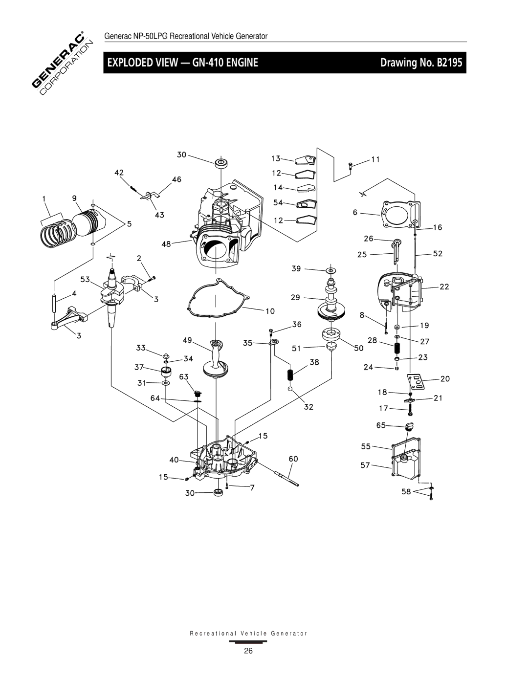 Generac 00919-0, NP-50LPG owner manual Exploded View GN-410 Engine, Drawing No. B2195 