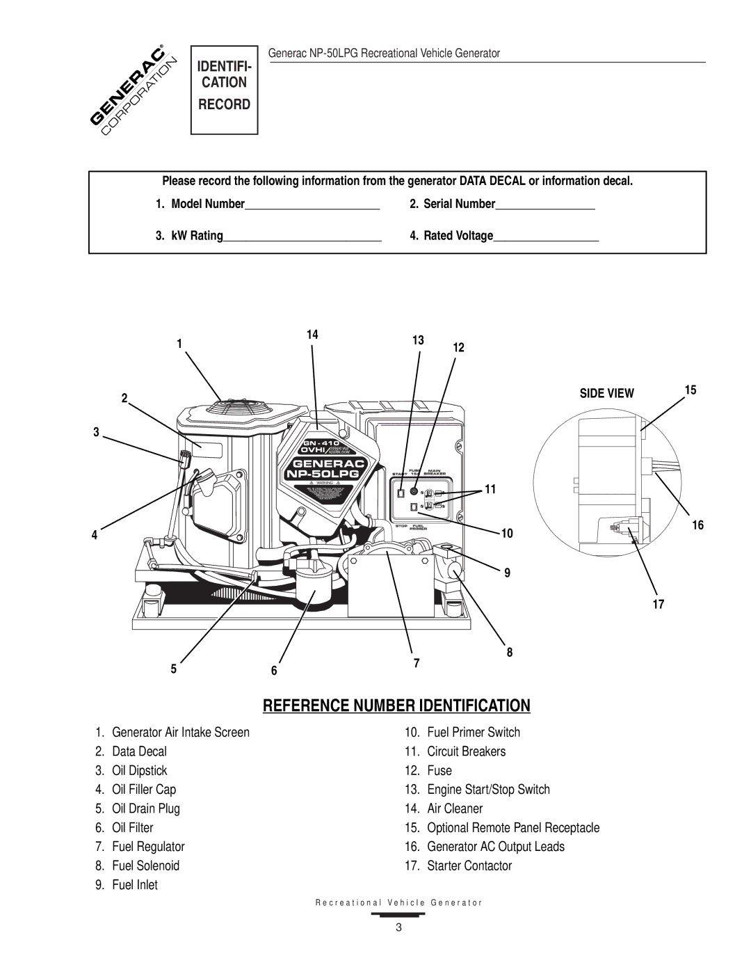 Generac NP-50LPG, 00919-0 owner manual Reference Number Identification 