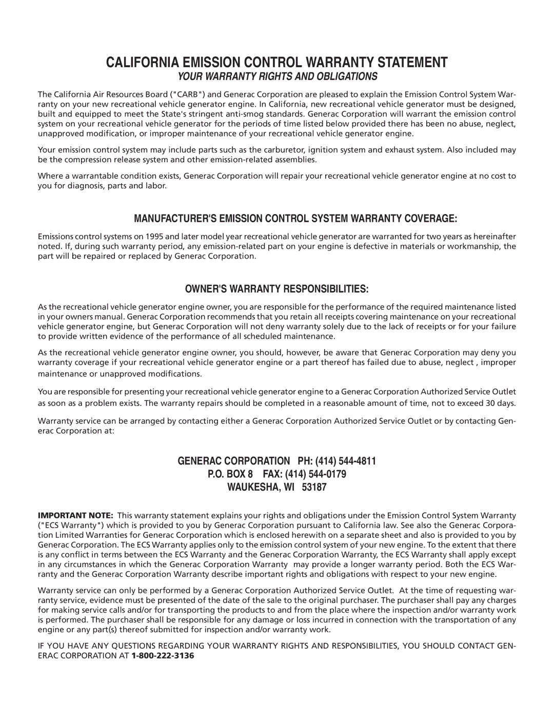 Generac 00919-0, NP-50LPG owner manual California Emission Control Warranty Statement 