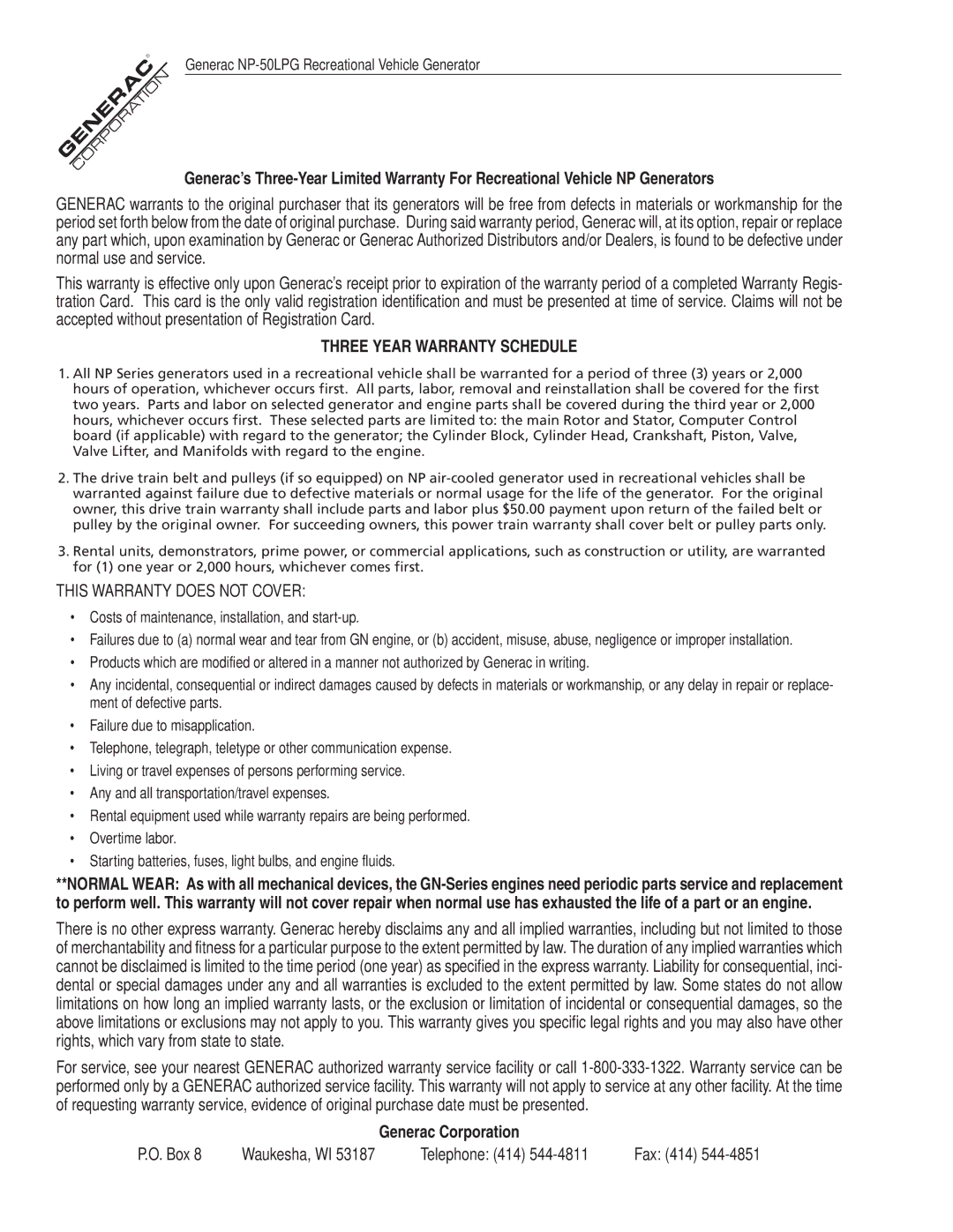 Generac 00919-0, NP-50LPG owner manual Three Year Warranty Schedule 