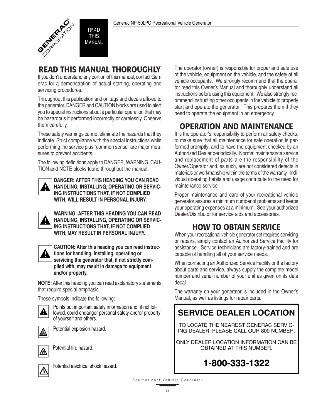 Generac NP-50LPG, 00919-0 owner manual Read this Manual Thoroughly, Operation and Maintenance, HOW to Obtain Service 