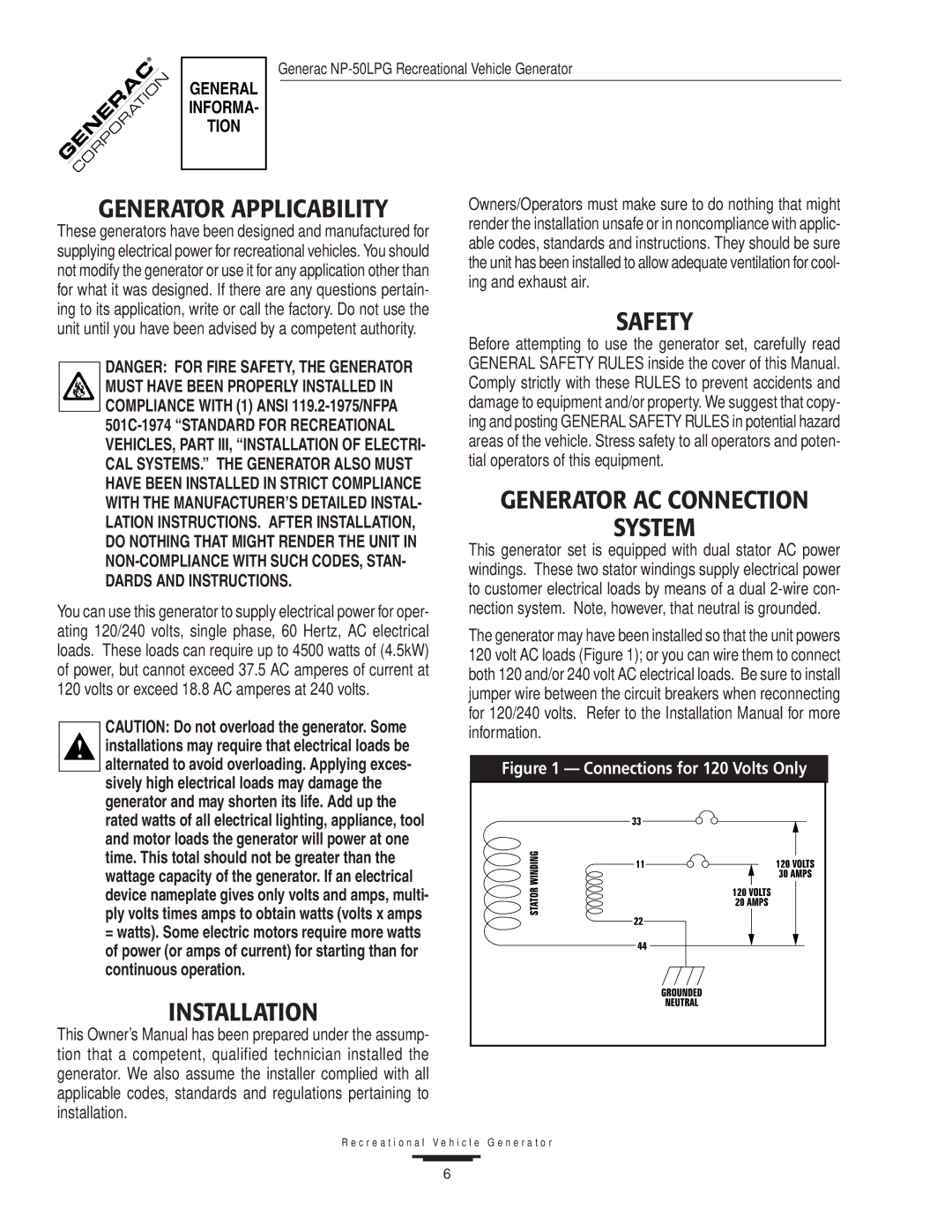 Generac 00919-0, NP-50LPG owner manual Generator Applicability, Installation, Safety, Generator AC Connection System 