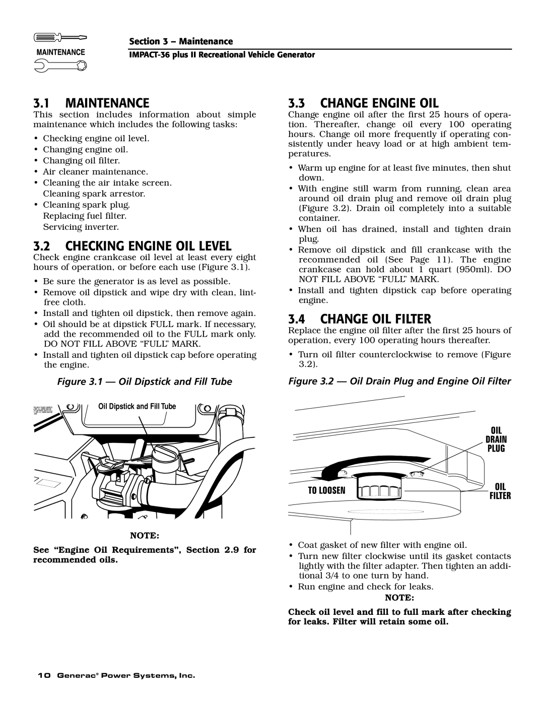 Generac 00941-3 owner manual 3.1MAINTENANCE, 3.2CHECKING ENGINE OIL LEVEL, 3.3CHANGE ENGINE OIL, 3.4CHANGE OIL FILTER 